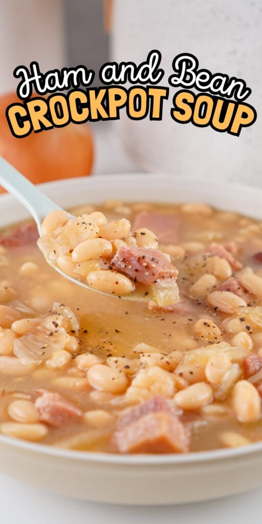 A spoonful of ham and bean soup held above a bowl.