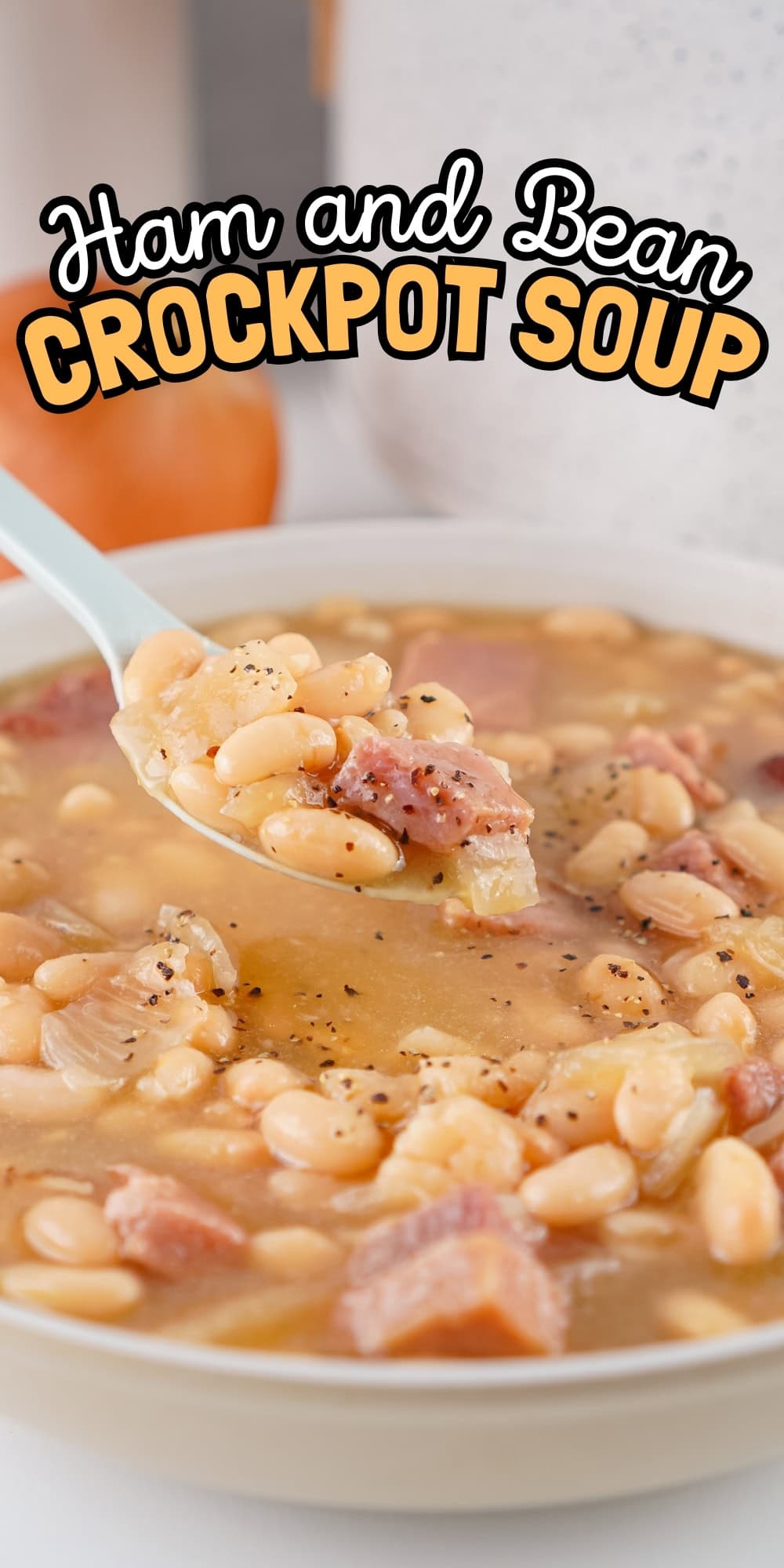A spoonful of ham and bean soup held above a bowl.