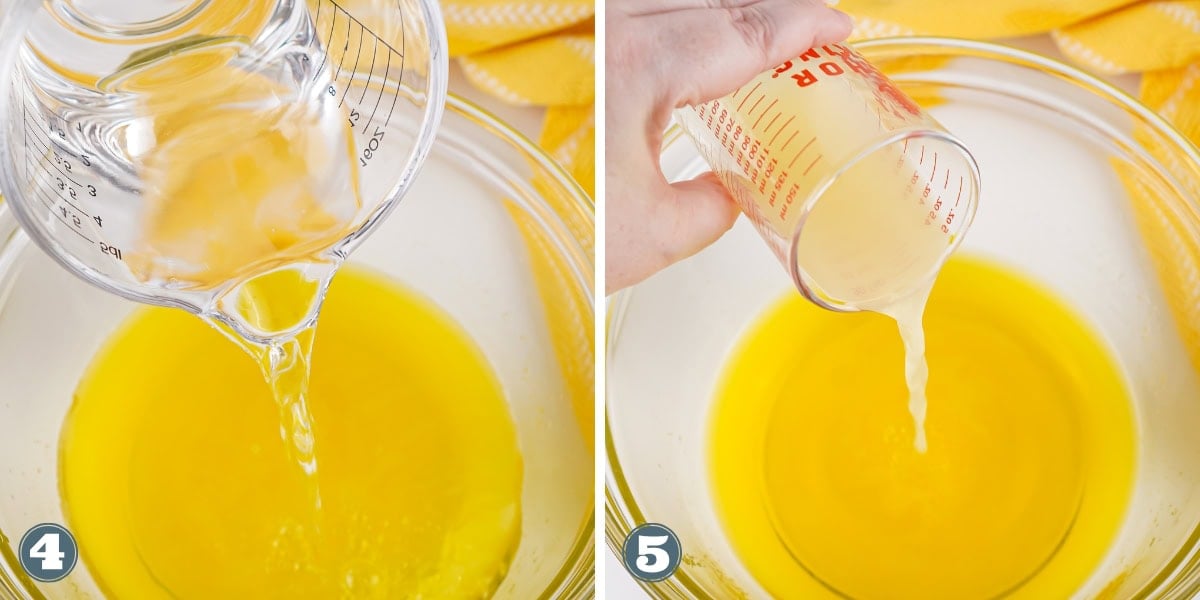 Liquid ingredients being poured into a bowl with yellow mixture.