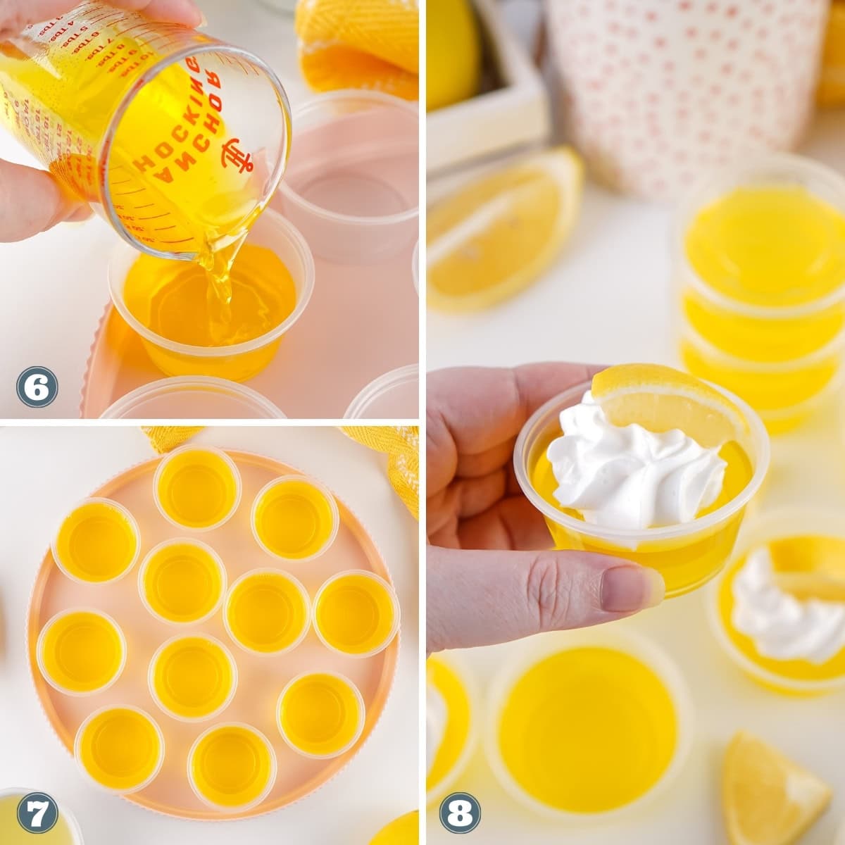 Making yellow gelatin shots, topped with whipped cream and a lemon wedge.