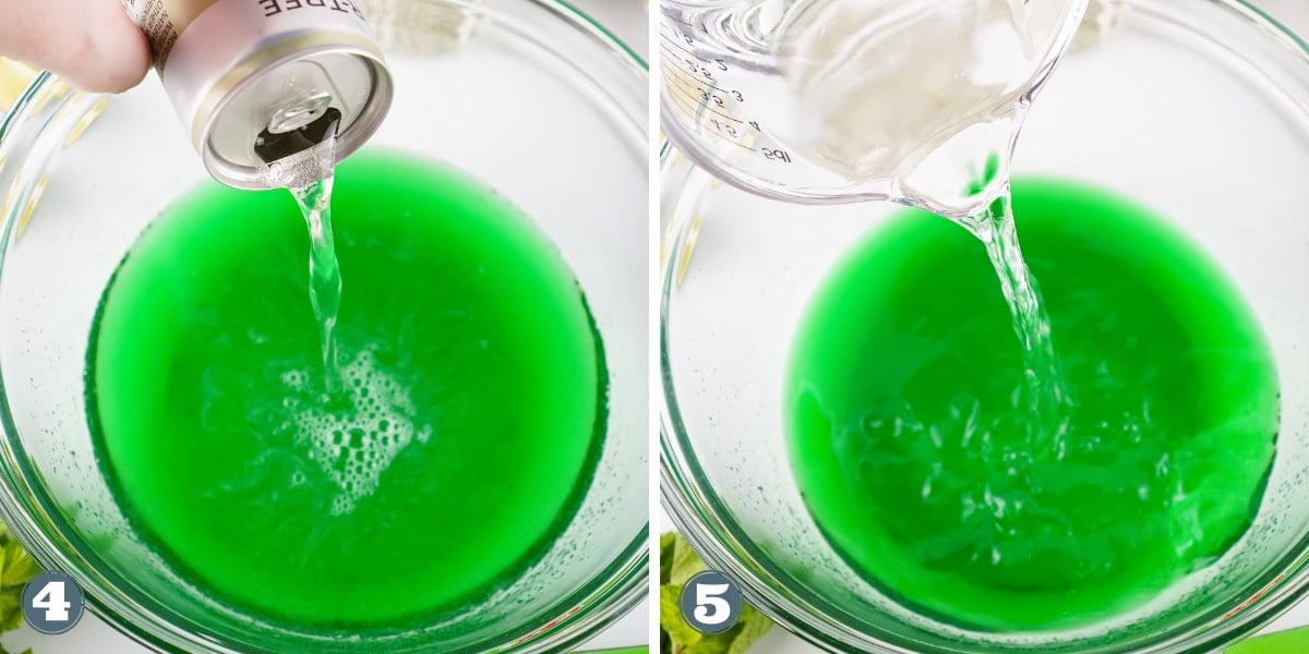Pouring soda, and adding liquid to a bowl of bright green mixture.