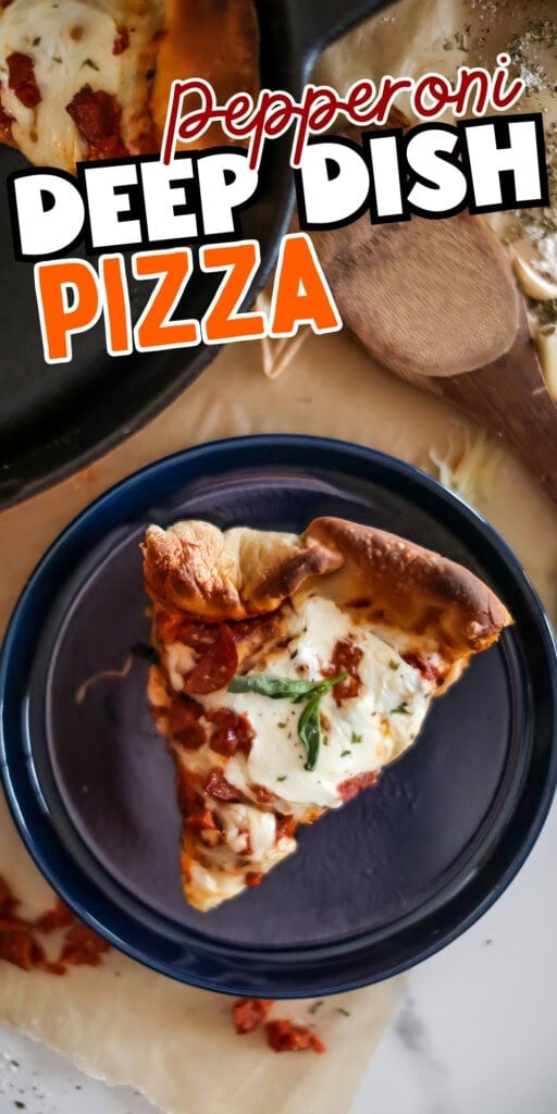 A slice of pepperoni deep dish pizza on a blue plate next to the whole pizza.