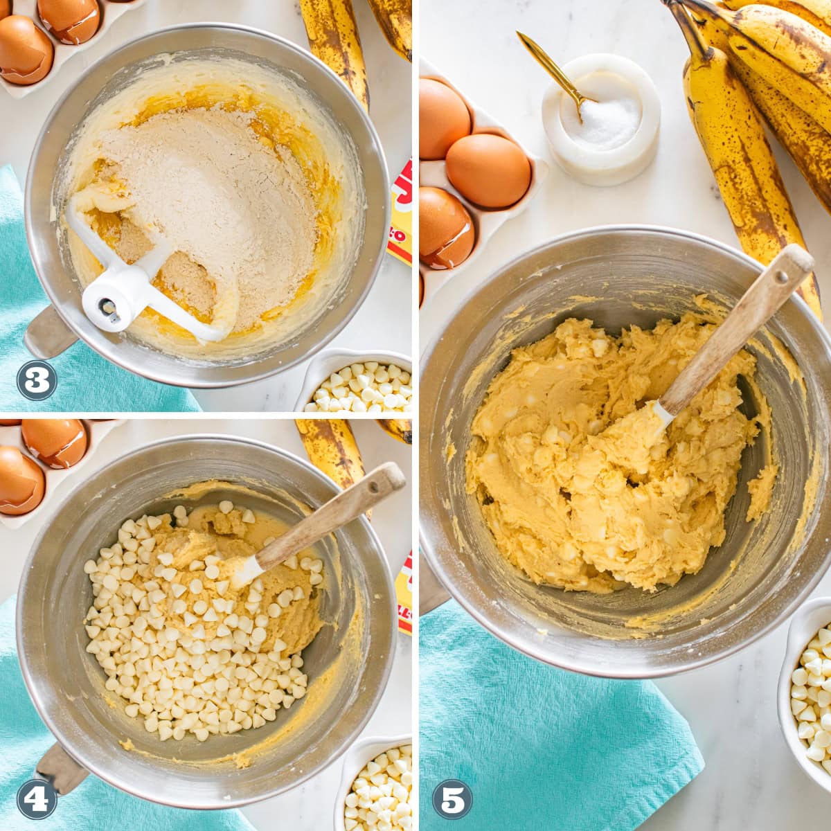 Banana bread dough with white chocolate chips in a bowl.