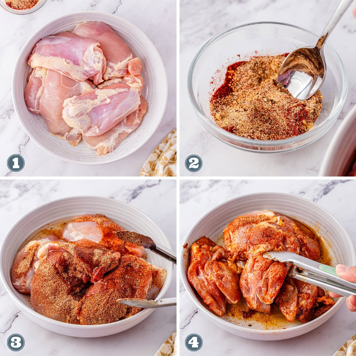Chicken being seasoned with spices in a bowl with tongs.