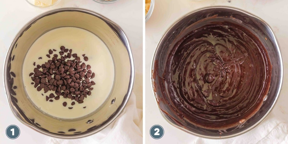 chocolate chips in cream, then fully melted and mixed together.