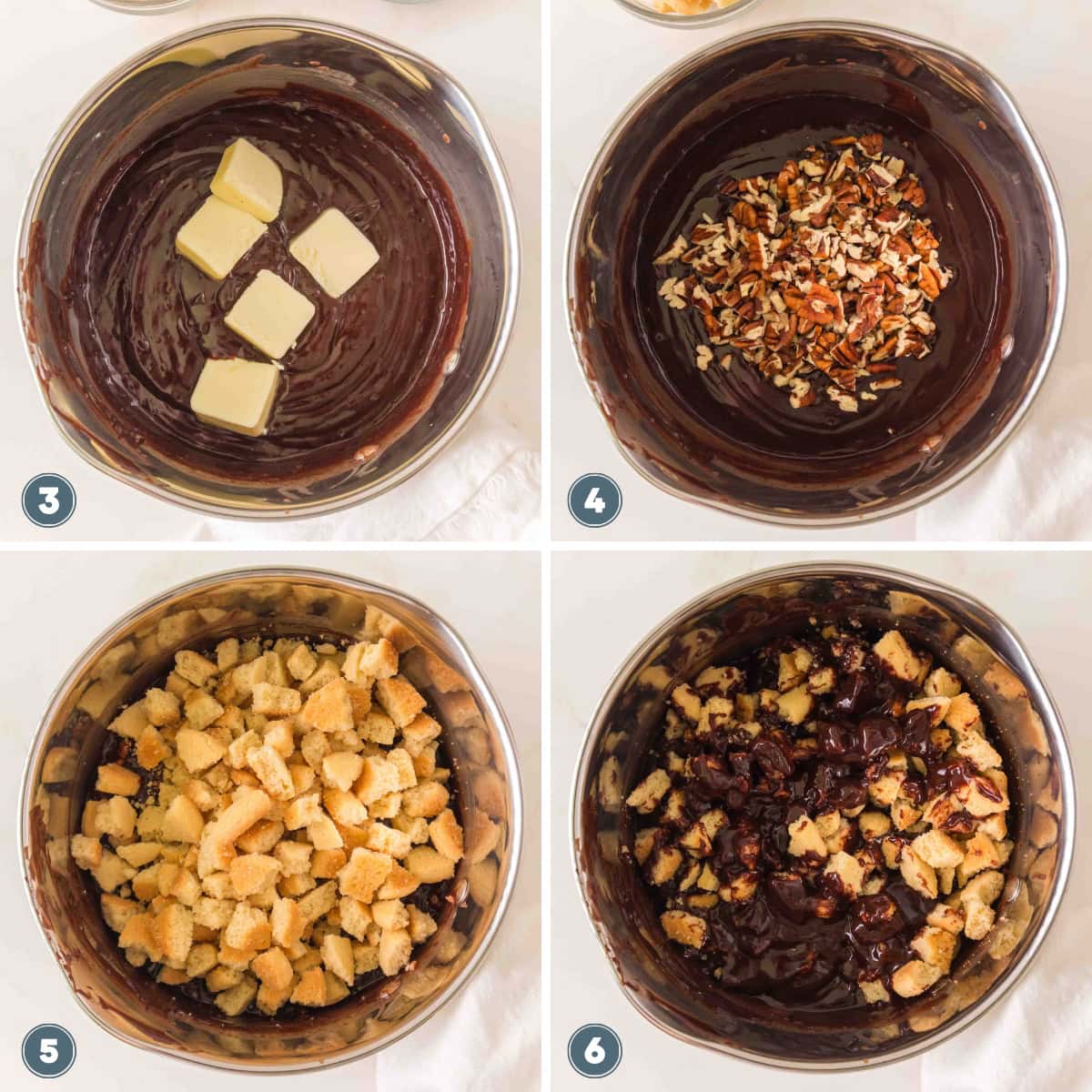Mixing butter, nuts, and cake pieces into chocolate in a metal bowl.