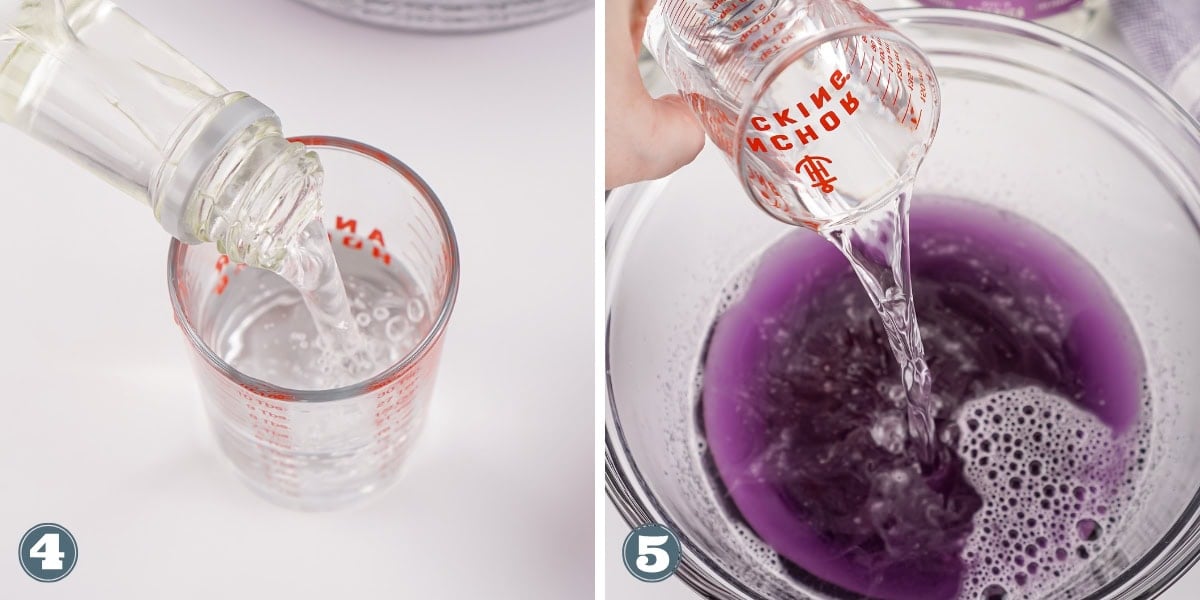 Liquid poured into a measuring cup, and liquid poured into a purple mix.