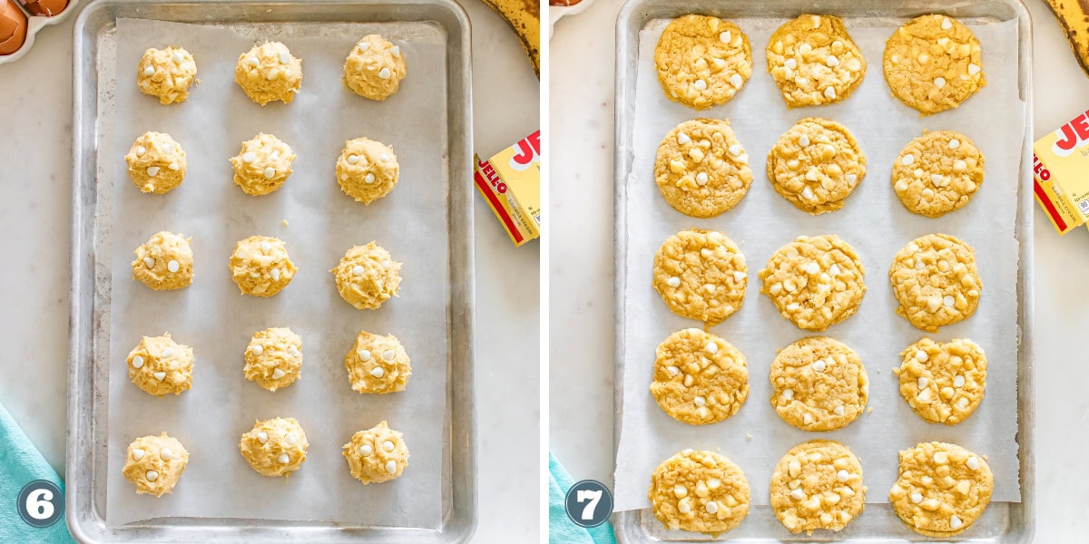 Unbaked and baked white chocolate chip cookies on parchment.