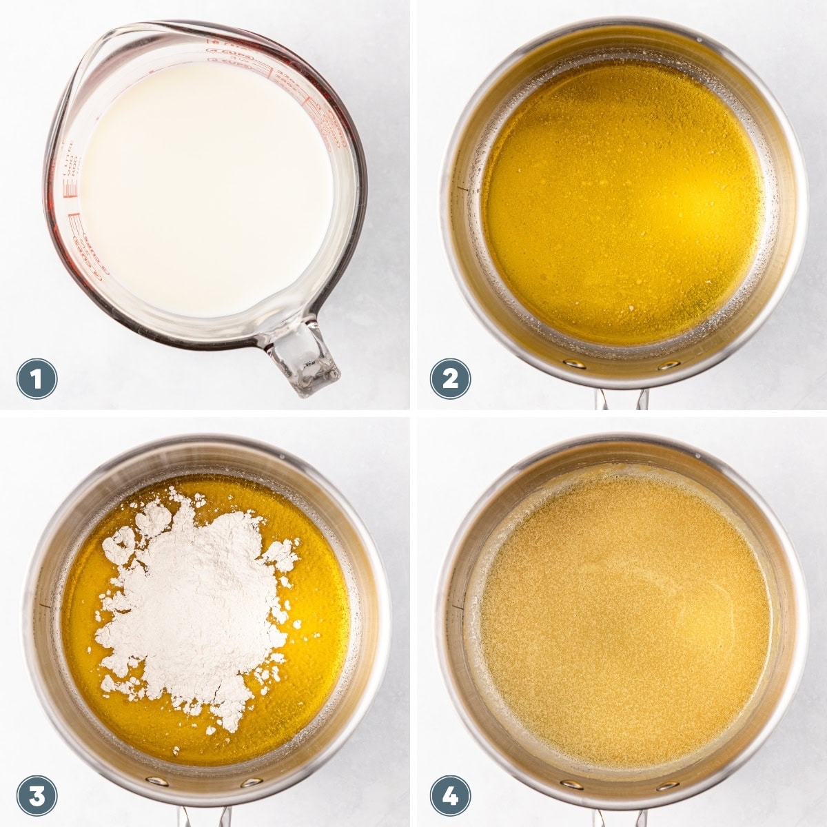 milk in a measuring cup, melted butter, flour added, mixture blended.