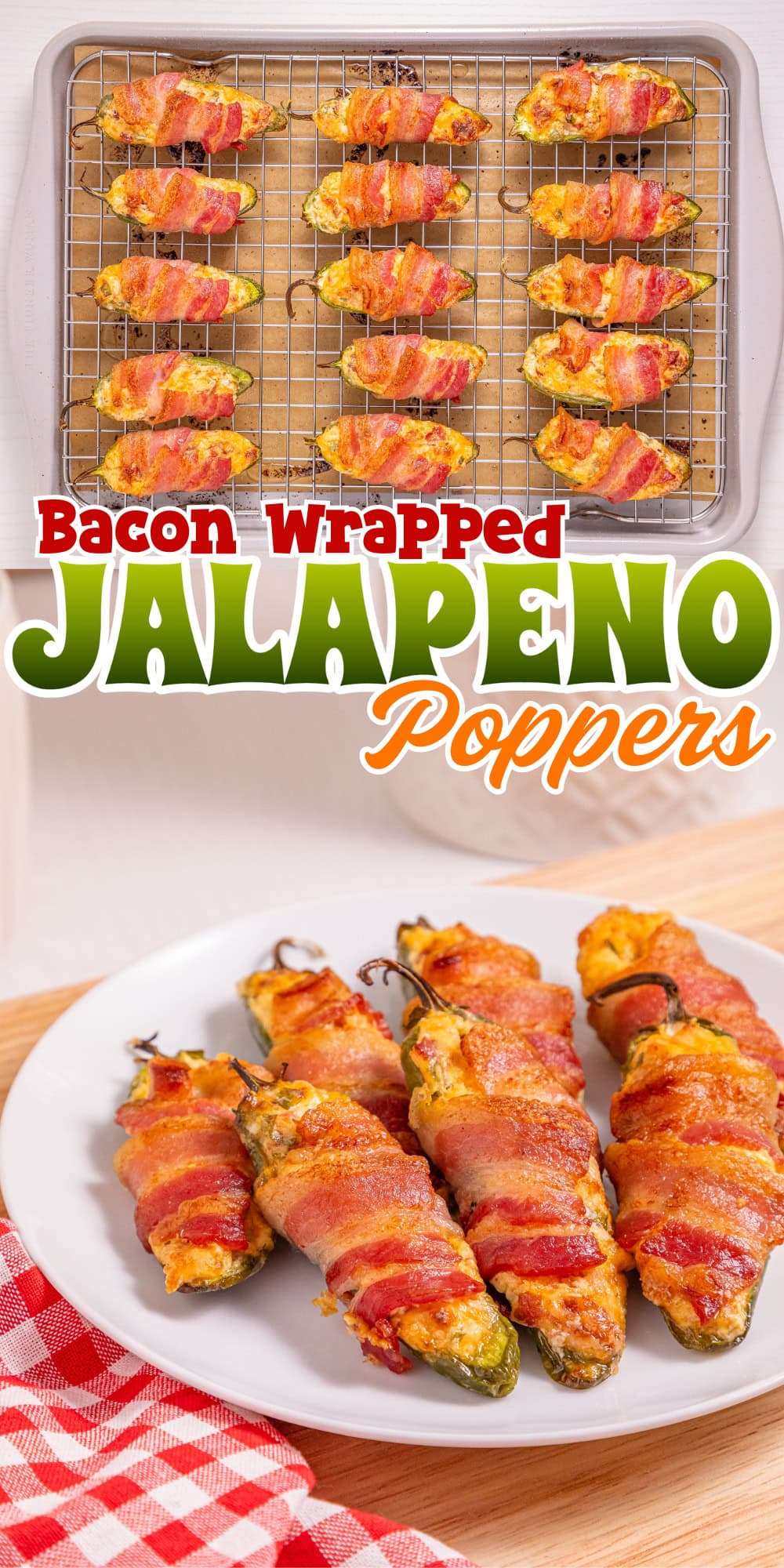 Bacon-wrapped jalape&ntilde;o poppers on a baking rack and served on a white plate.