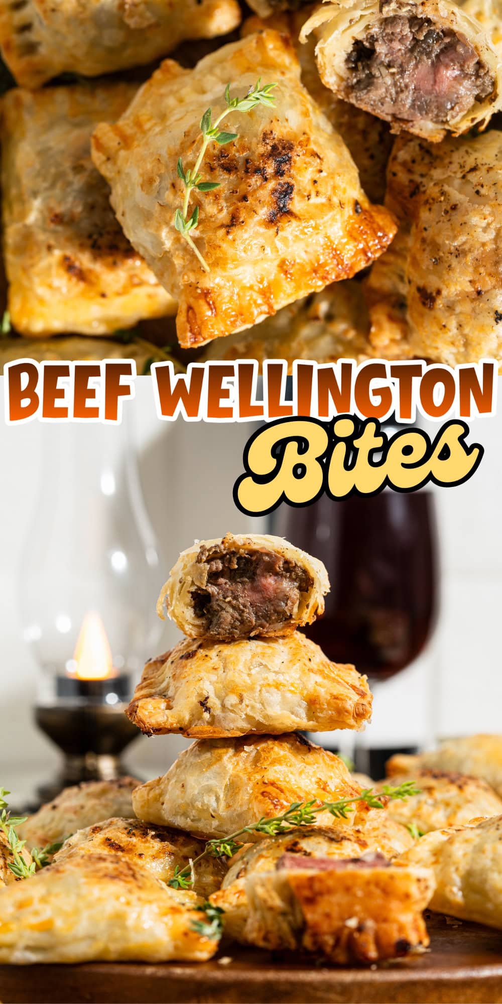 Golden, flaky beef Wellington bites stacked on a plate, garnished with herbs.