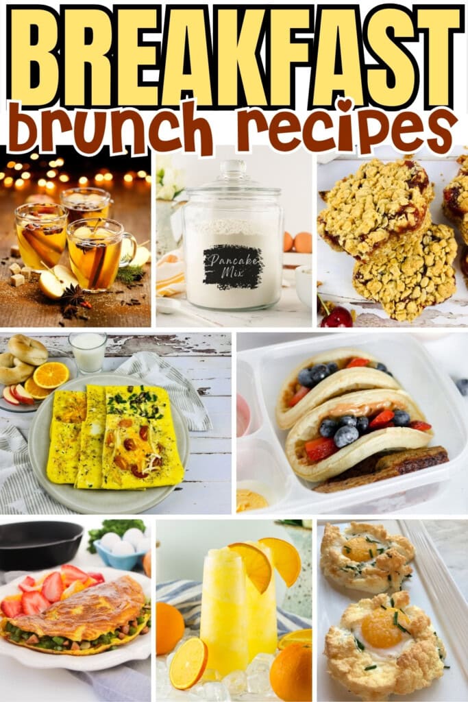Breakfast and brunch foods, including pancakes, omelet, and fruit.