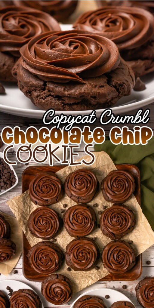 Chocolate chip cookies topped with chocolate frosting swirls on plates and a tray.