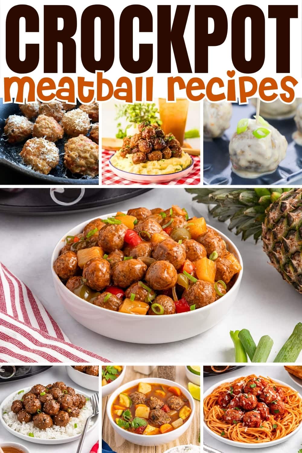 Various crockpot meatball dishes, including sweet and savory varieties.