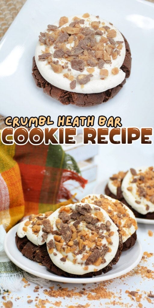 A chocolate cookie topped with frosting and Heath bar bits on a white plate.