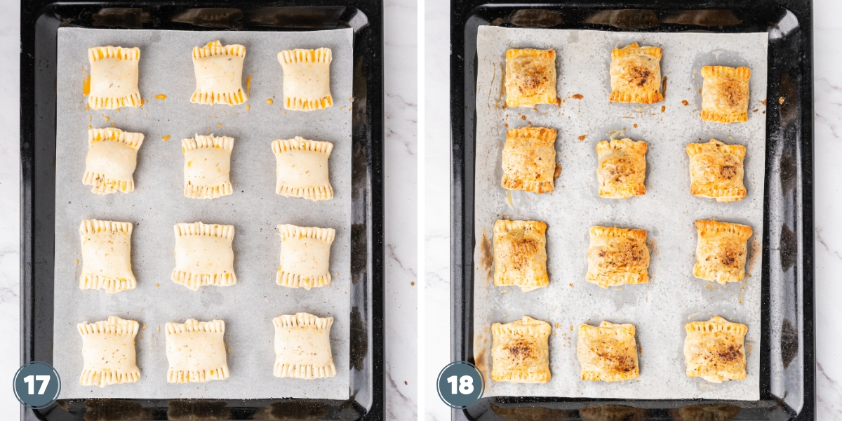 Two baking trays with unbaked and baked pastry squares on parchment paper.