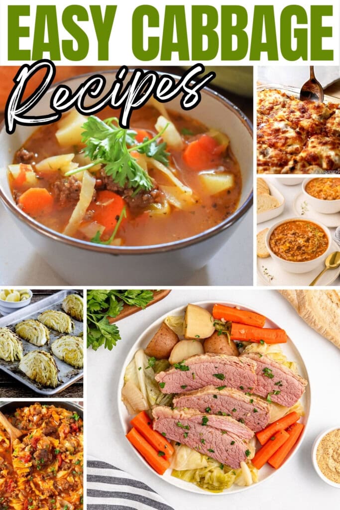 Different cabbage dishes including soup, casserole, and corned beef.