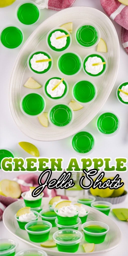 Green apple jello shots with whipped cream and apple slices on a platter.