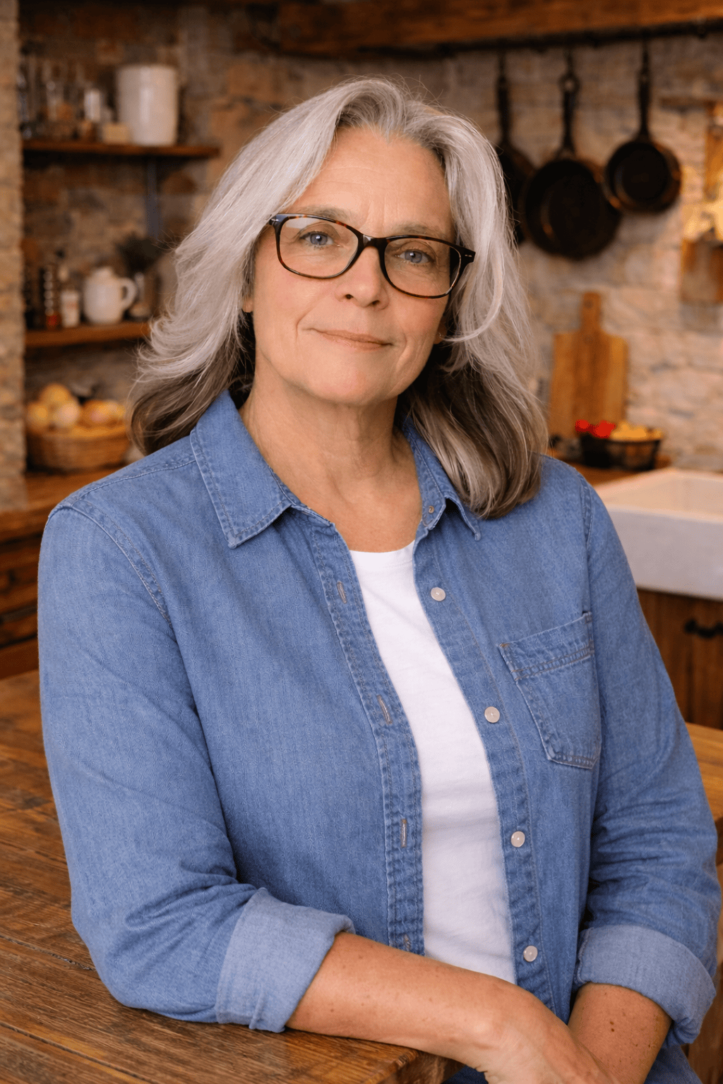 Smiling older woman with glasses in a denim shirt standing in a rustic kitchen.