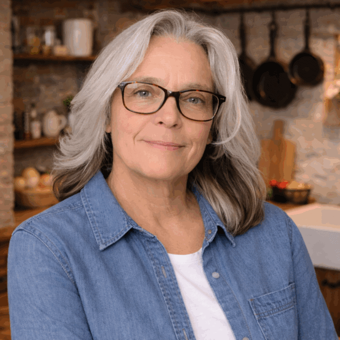 Smiling older woman with gray hair and glasses in a cozy kitchen.