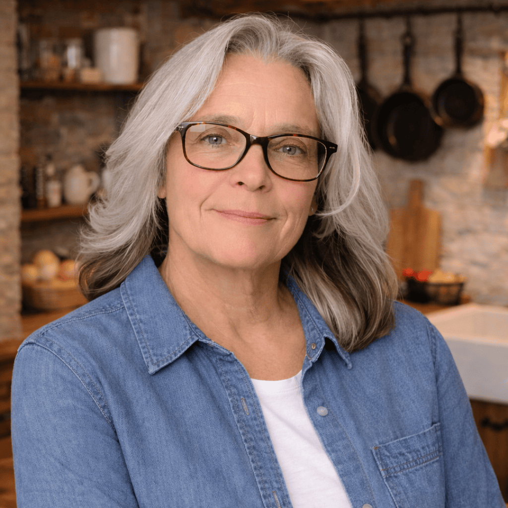 Smiling older woman with gray hair and glasses in a cozy kitchen.