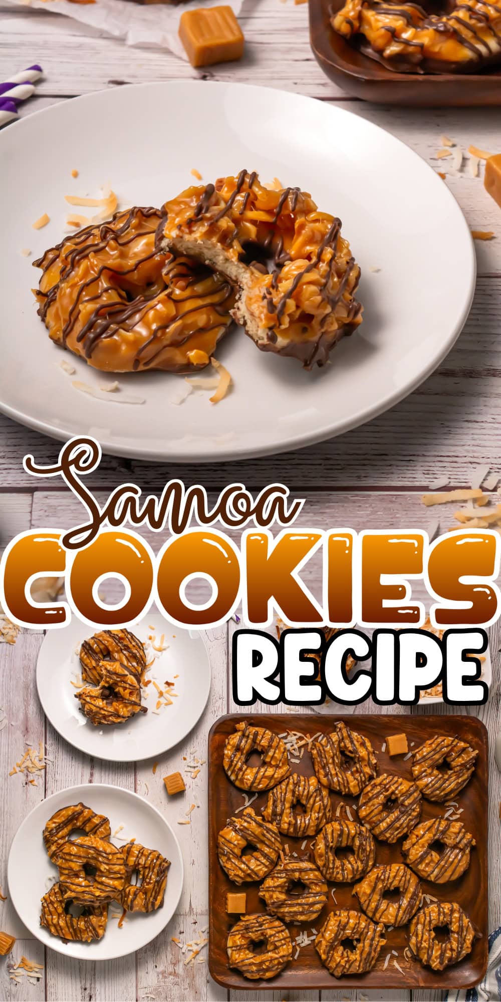 Cookies with caramel, coconut, and chocolate drizzle on plates and a tray.