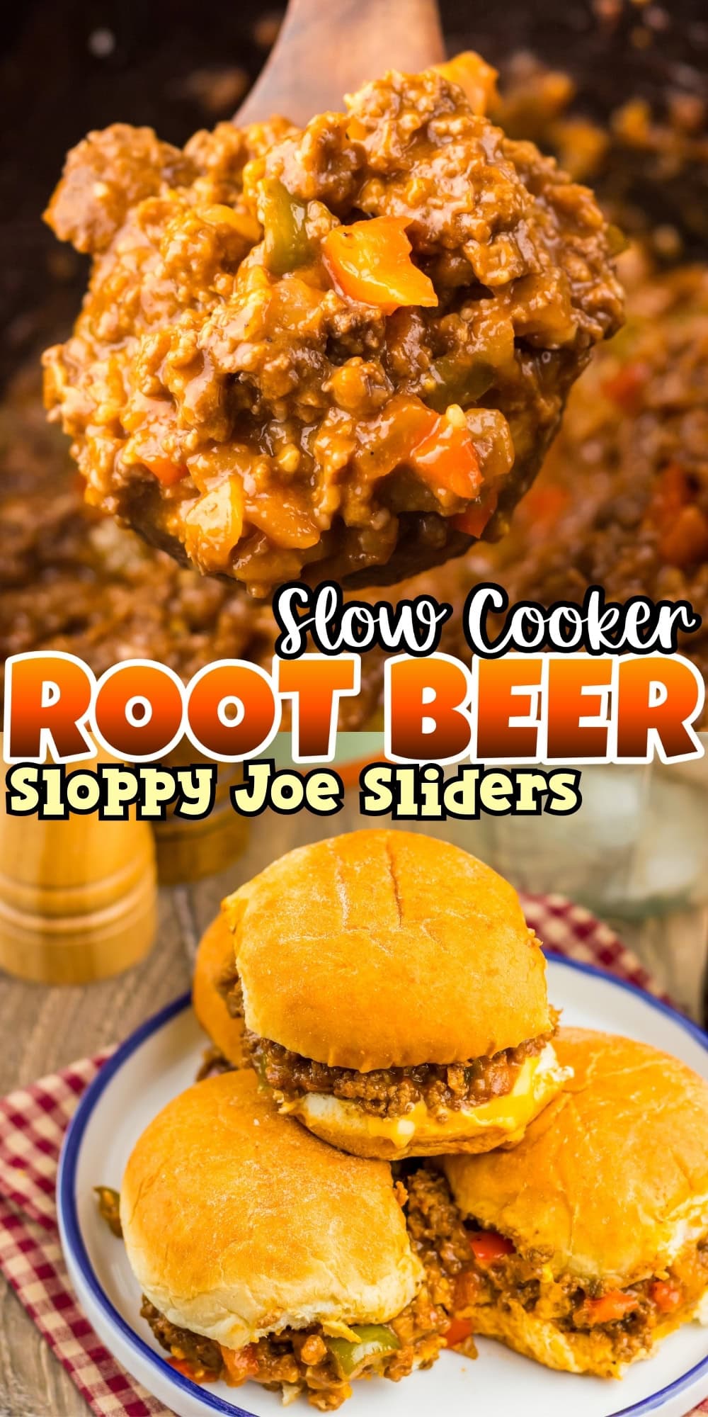 A spoonful of sloppy joe mix above three sliders on a plate.
