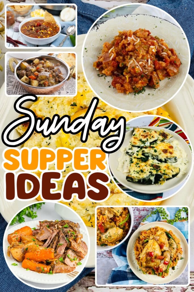 Hearty Sunday supper dishes like stew, roast, and casserole.