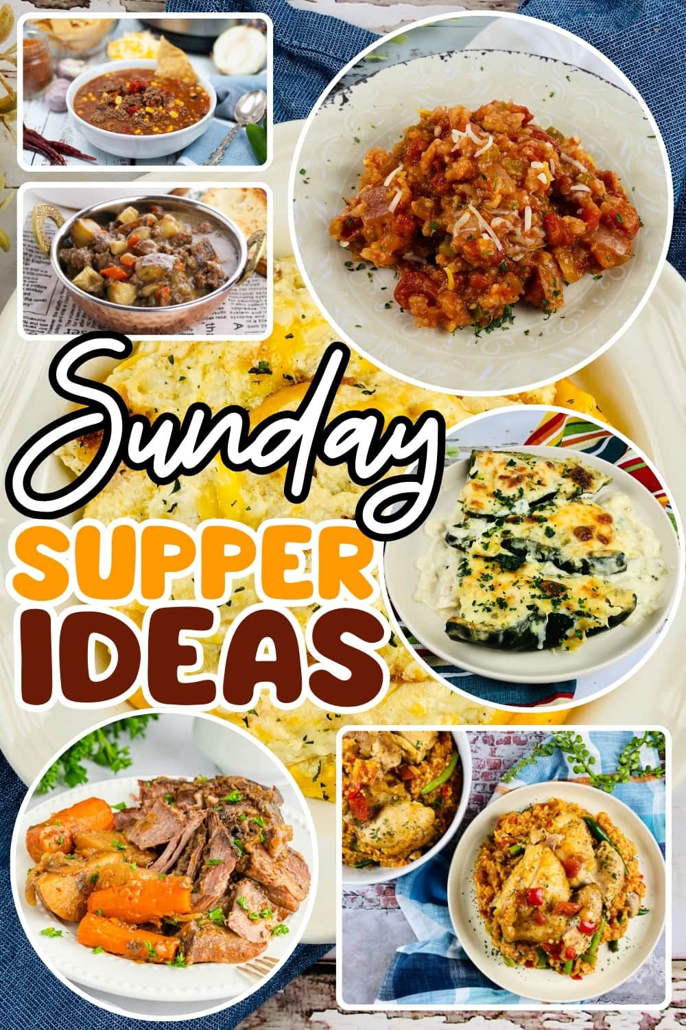 Hearty Sunday supper dishes like stew, roast, and casserole.
