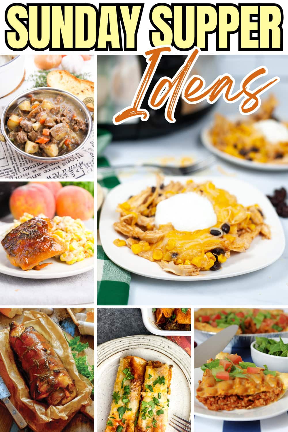 Various hearty Sunday supper dishes, including meat, veggies, and casseroles.