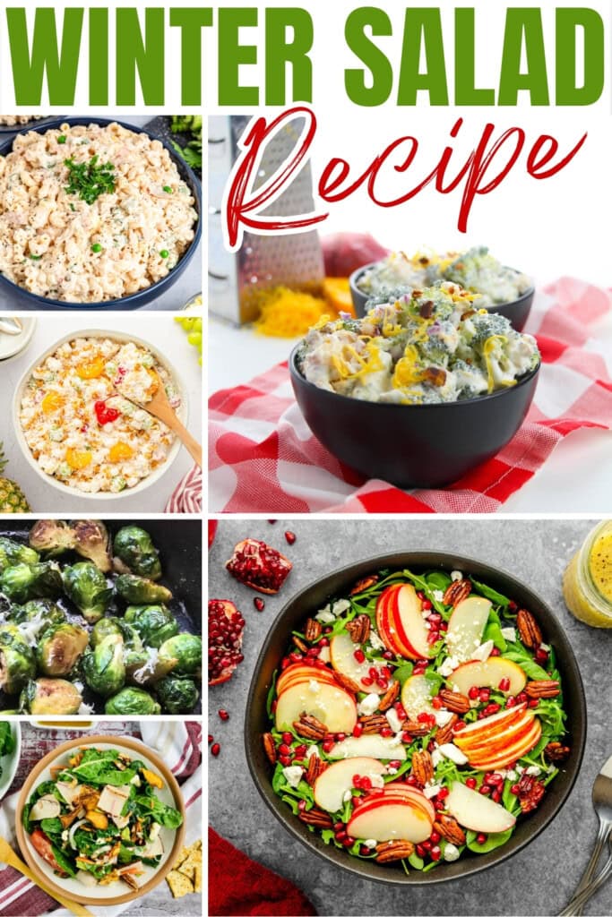 Colorful winter salads in bowls with fresh fruits and vegetables.