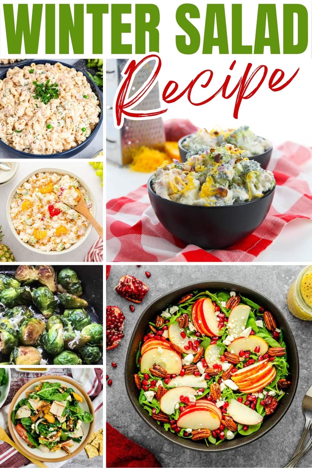 Colorful winter salads in bowls with fresh fruits and vegetables.