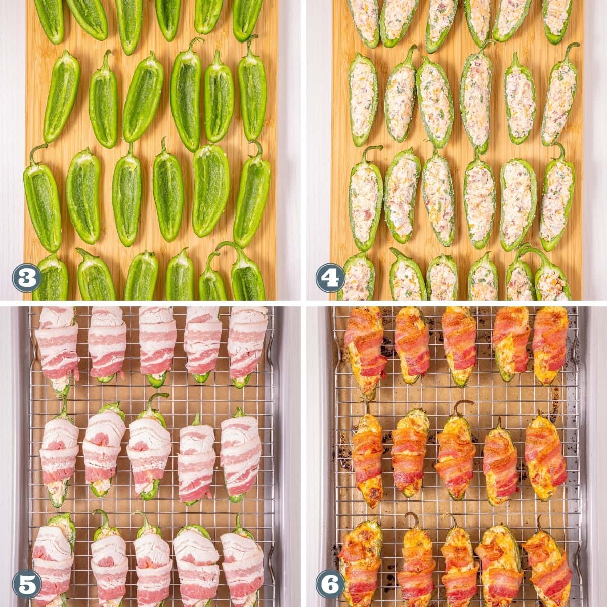 Making bacon-wrapped, stuffed jalape&ntilde;os on baking trays.