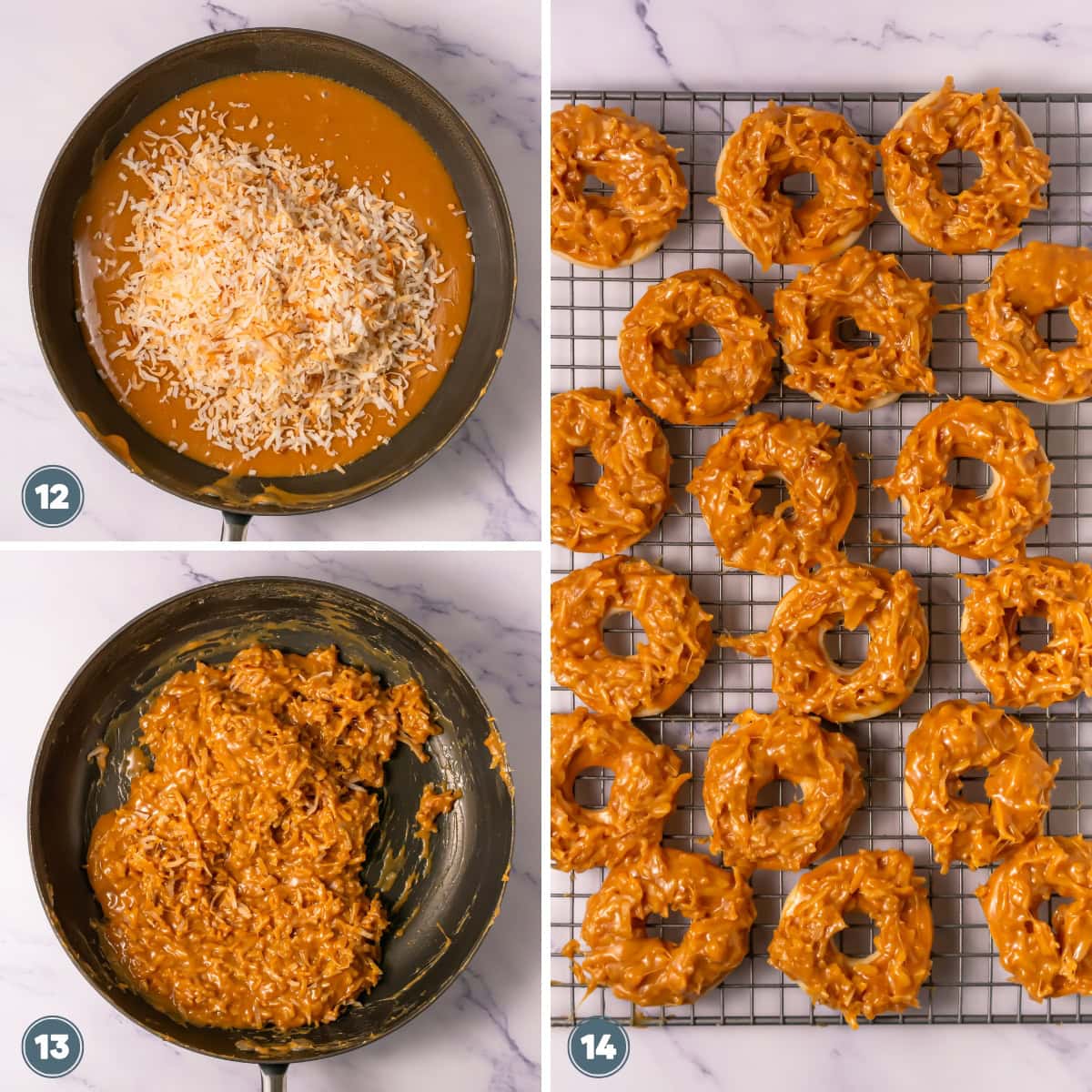Coconut caramel mixture and finished caramel-covered donuts.