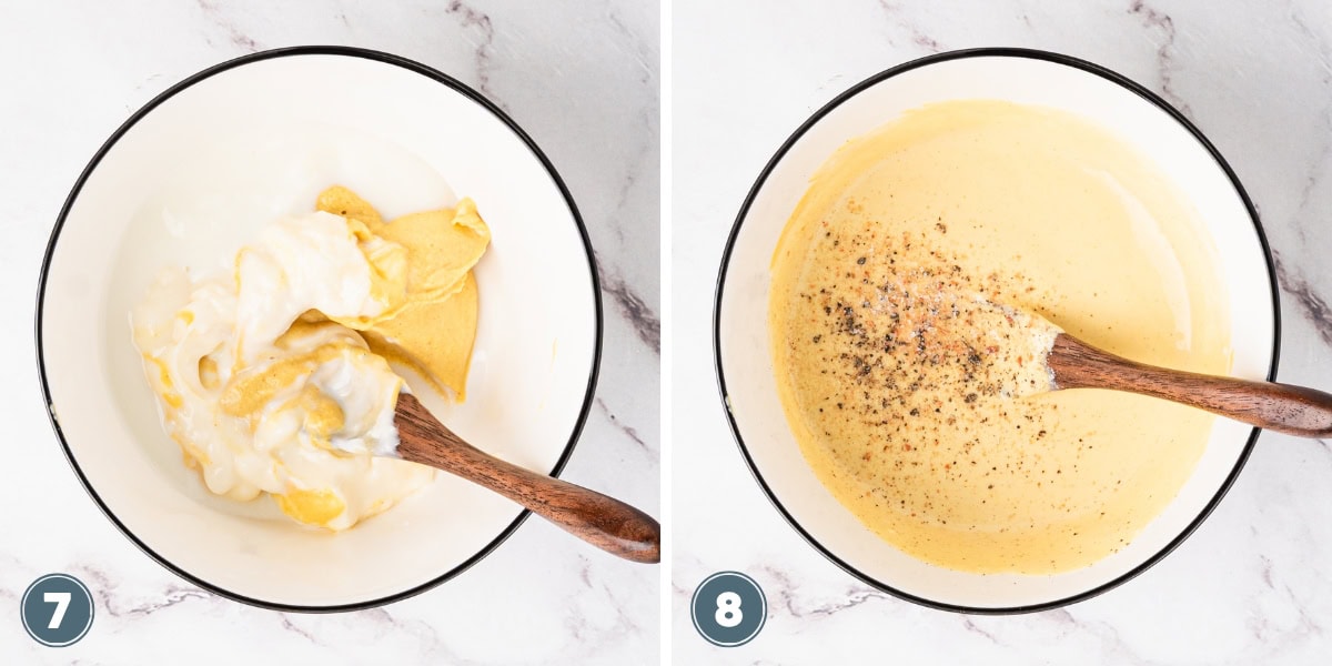 Two bowls: mixing mayonnaise and mustard on left, blended sauce with pepper on right.