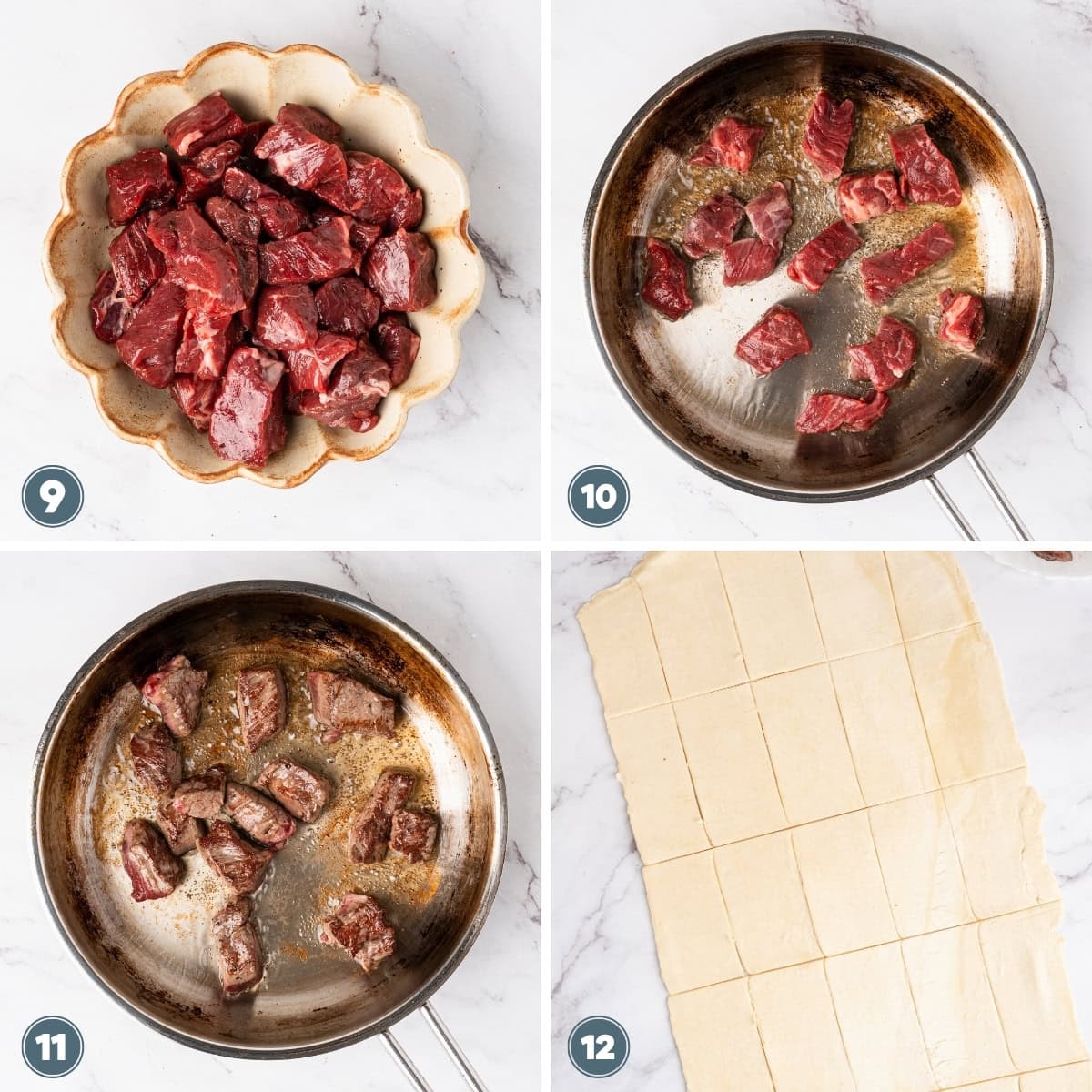 Chunks of beef in a dish and pan, and puff pastry squares on a counter.