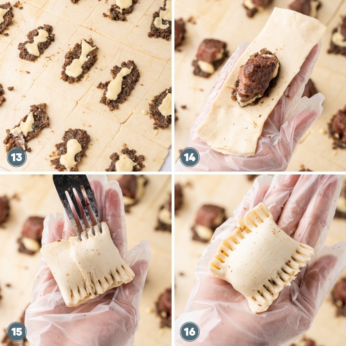 Gloved hands folding and sealing pastry squares with filling.