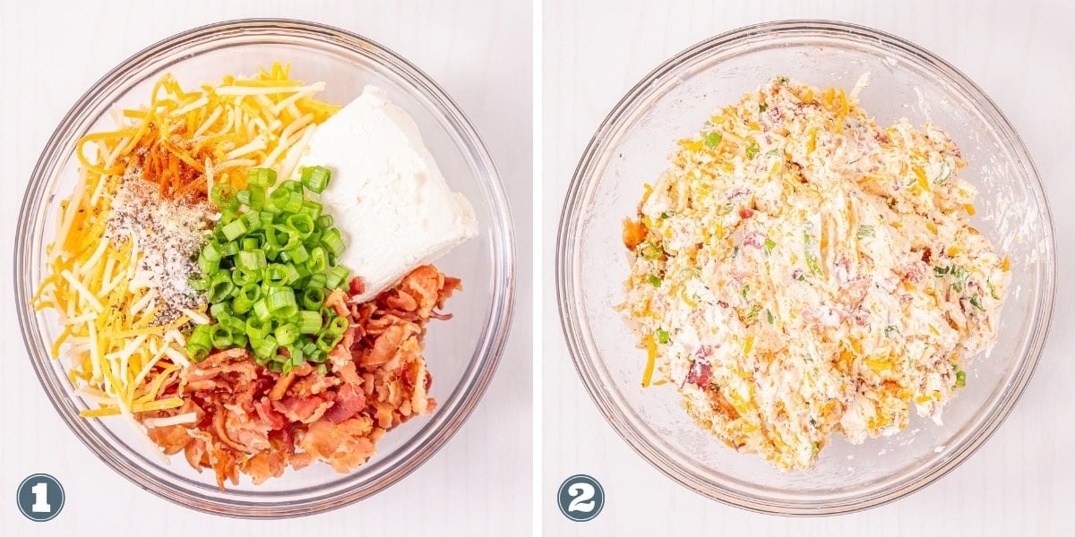 Two glass bowls: one with dip ingredients, the other with the mixed dip.
