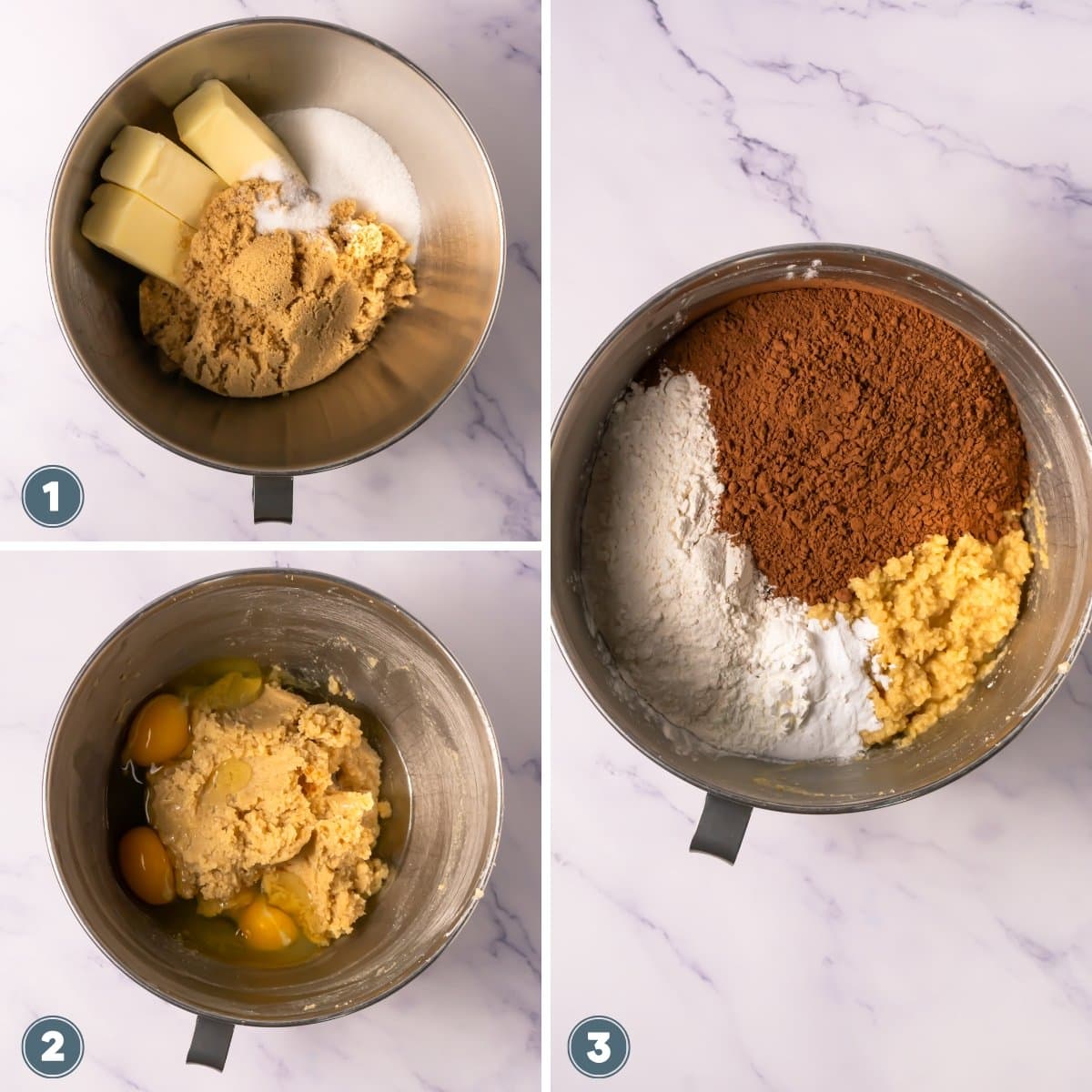 Three mixing bowls showing steps for making cookie dough with butter, sugar, eggs, flour, and cocoa.