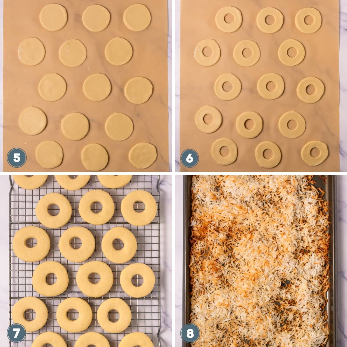 Four baking steps: cut dough, cut centers, baked rings, toasted coconut on tray.