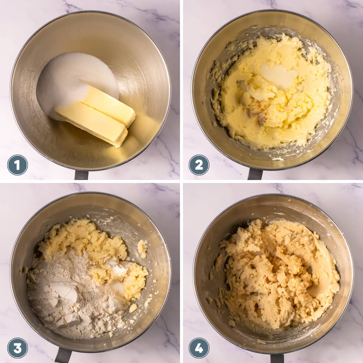 Mixing sugar, butter, and flour in a metal bowl to make dough.