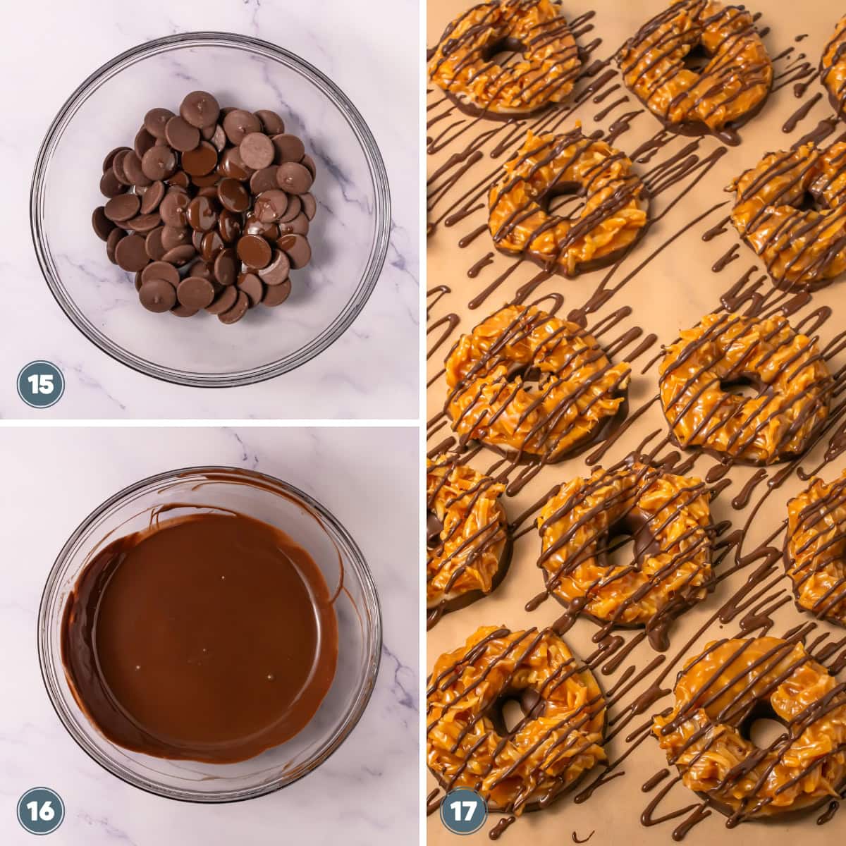 Melted chocolate in a bowl and chocolate-drizzled caramel cookies on parchment.