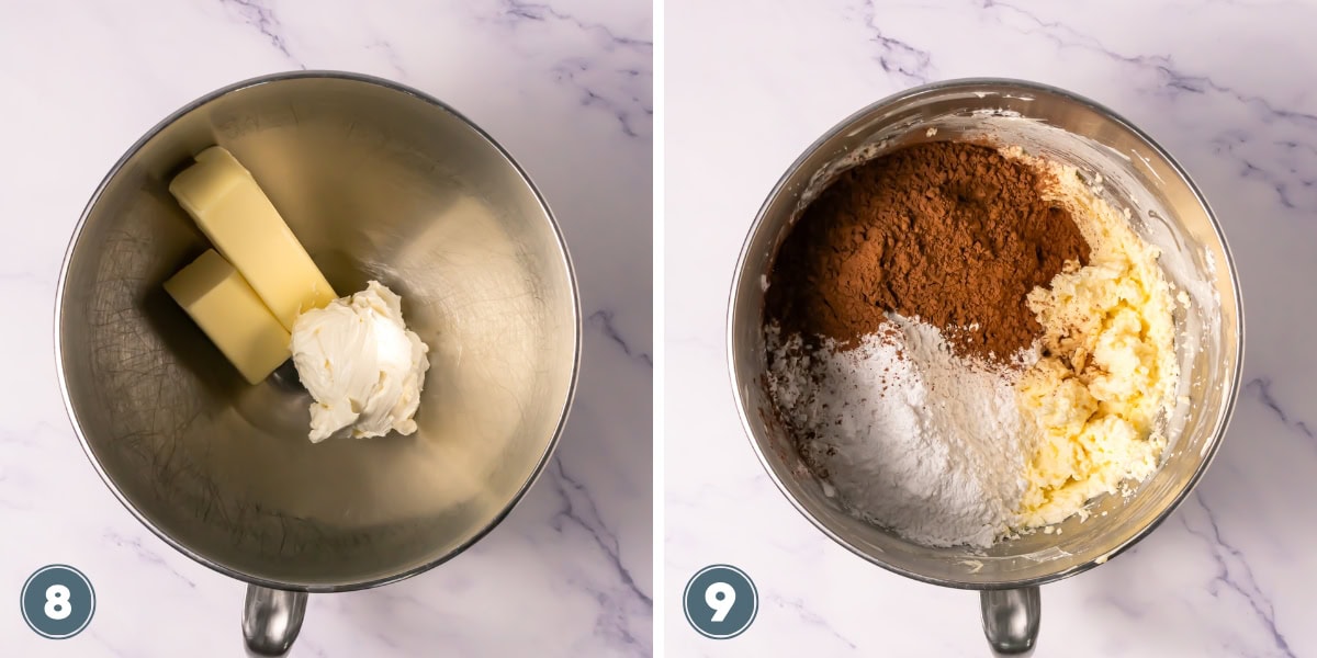 Butter and cream cheese in bowl, and mixing bowl with cocoa, sugar, and butter.