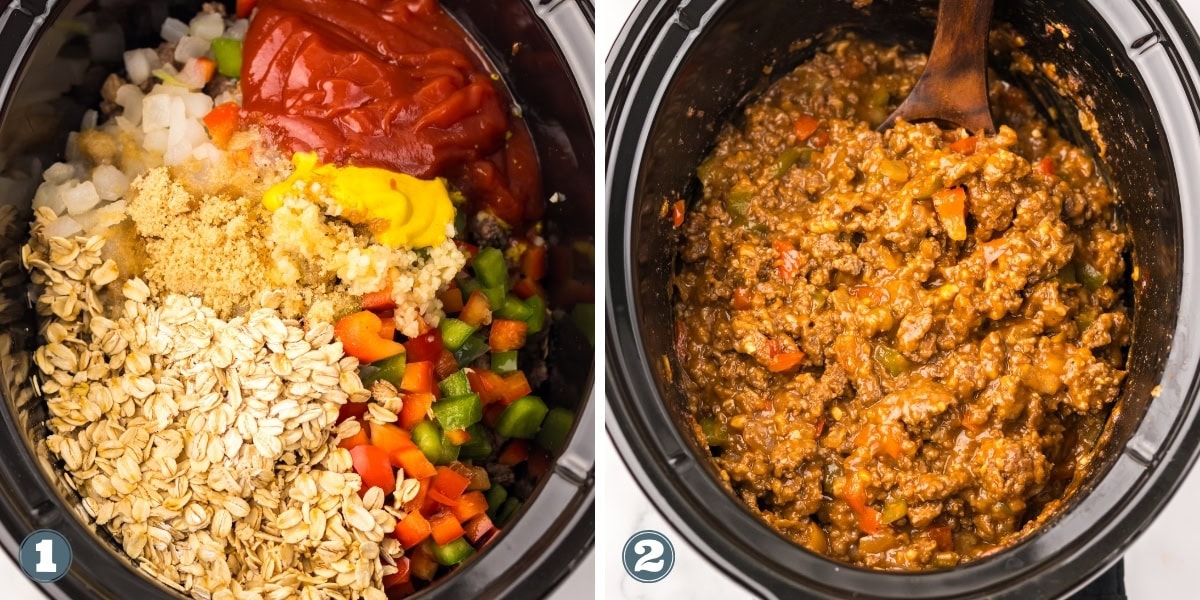 Sloppy joe ingredients in a slow cooker, and cooked sloppy joe mixture being stirred.