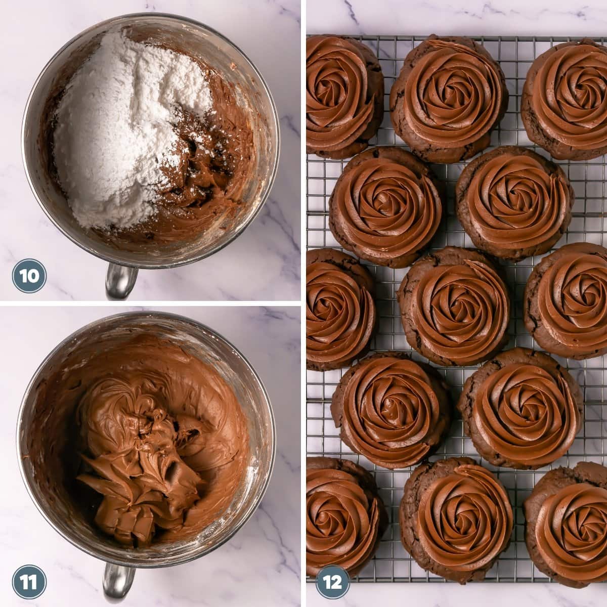 Chocolate frosting being mixed in a bowl and piped onto cupcakes on a cooling rack.