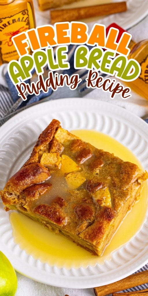 A slice of apple bread pudding with sauce on a white plate.