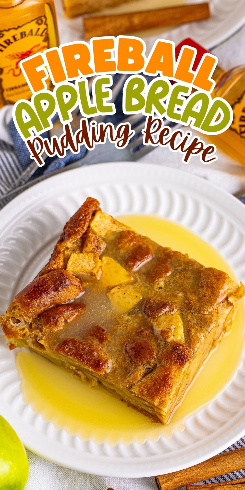 A slice of apple bread pudding with sauce on a white plate.