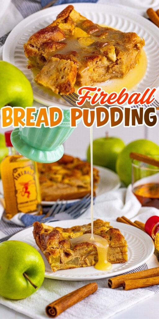 A slice of bread pudding drizzled with sauce, surrounded by apples and cinnamon sticks.