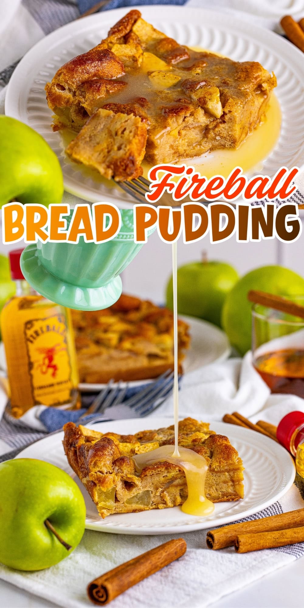 A slice of bread pudding drizzled with sauce, surrounded by apples and cinnamon sticks.