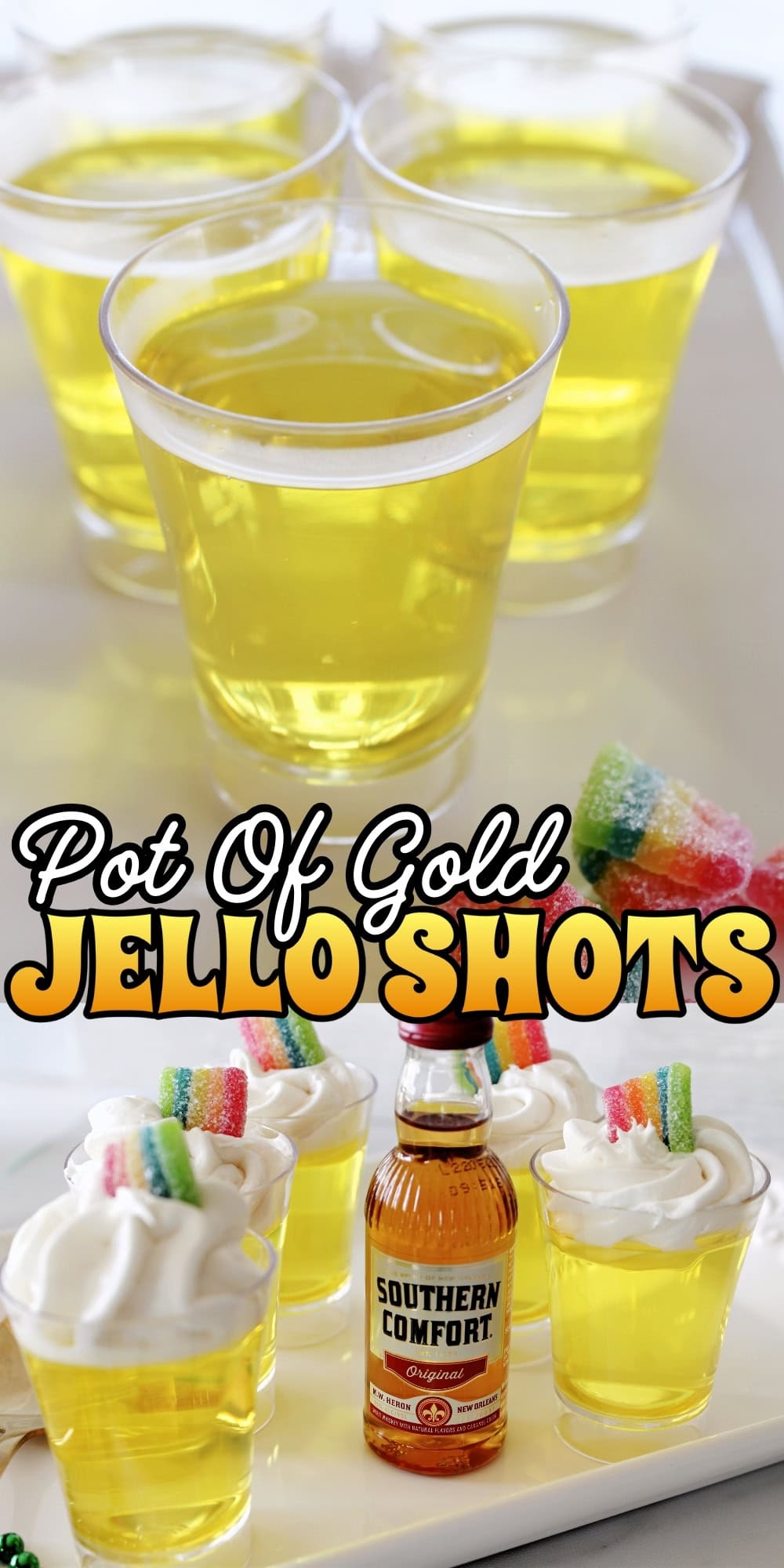 Yellow jello shots in cups, some topped with whipped cream, candy, and whiskey.
